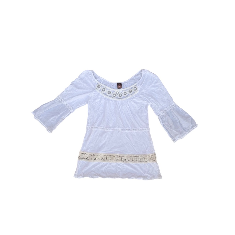 Language Womens White Peasant Blouse Rhinestone Crochet Lace Bell Sleeve Top XS